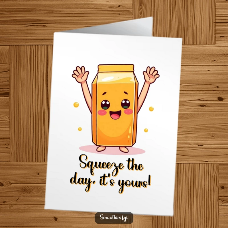 Funny Free Printable Birthday Card featuring a cheerful orange juice carton with arms raised in celebration.