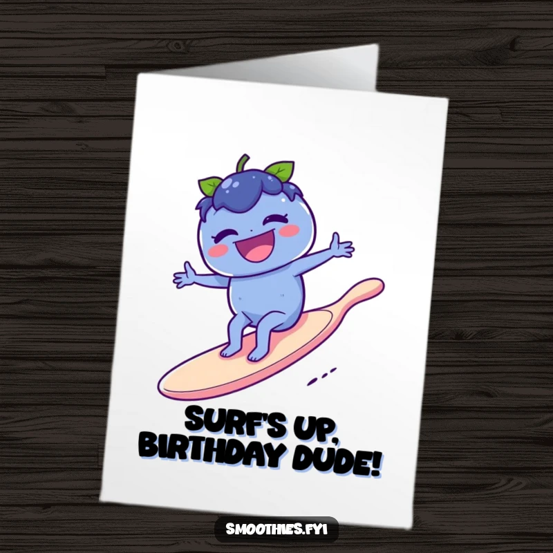 Funny Free Printable Birthday Card featuring a laughing blueberry surfing on a giant spoon, celebrating with adventurous fun.