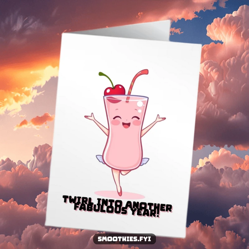 Funny Free Printable Cherry Smoothie Card: A delighted, graceful smoothie striking a ballet pose, ready to celebrate your birthday.