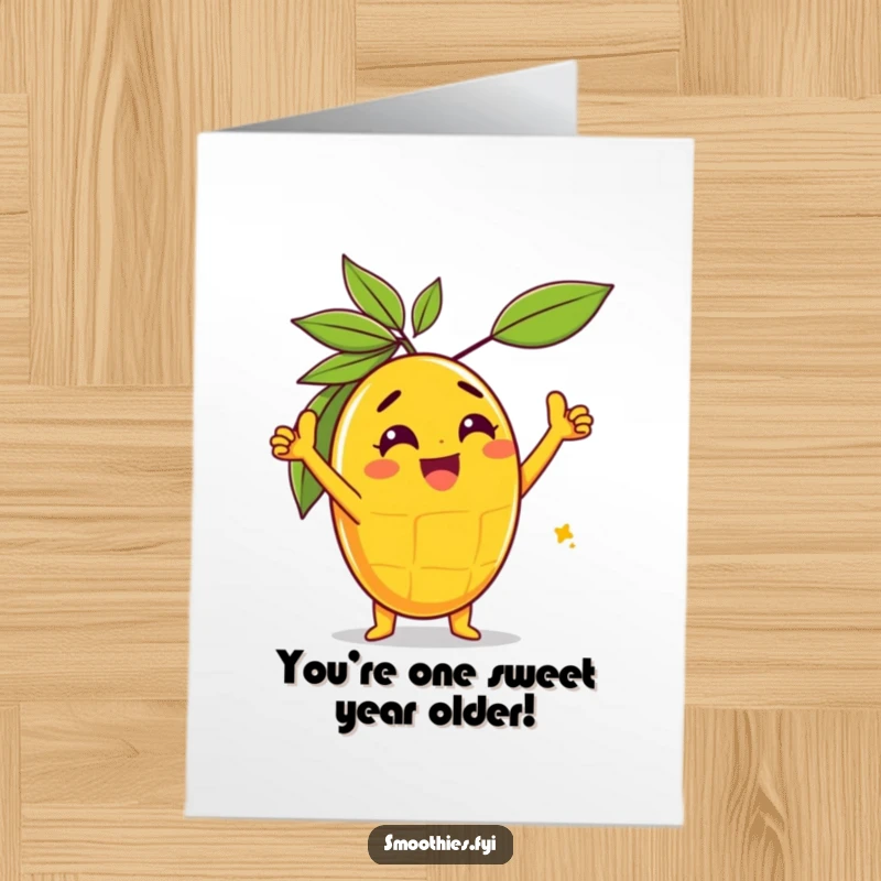 Funny Free Printable Birthday Card featuring a gleeful mango character striking a triumphant pose with arms raised.