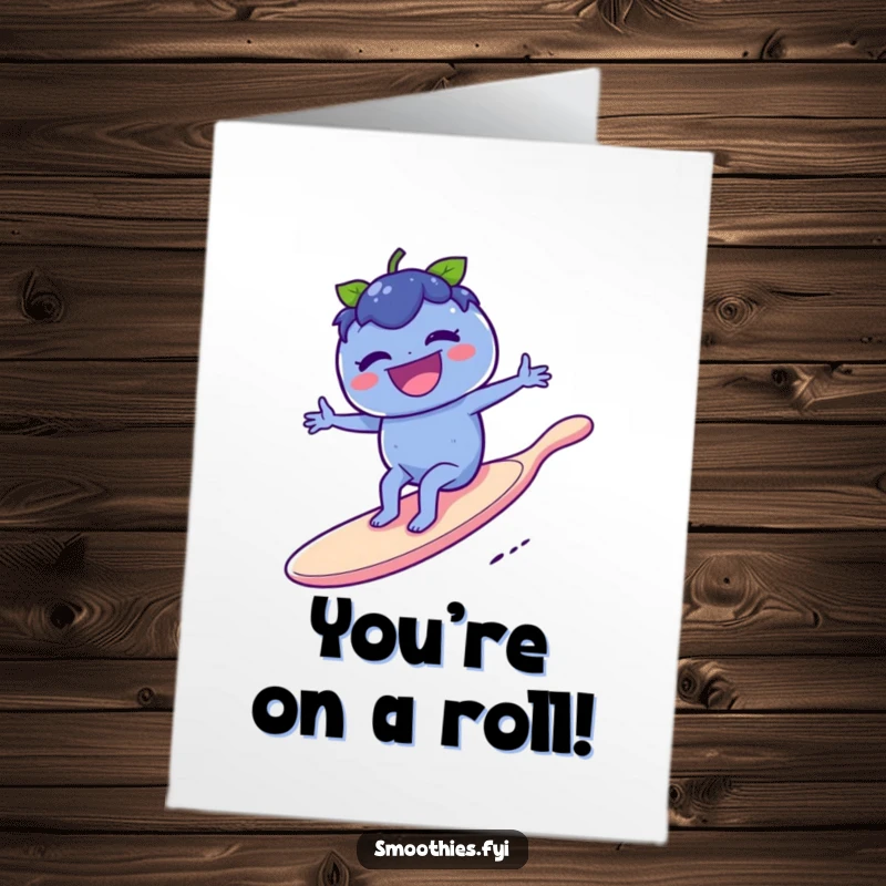 Funny Free Printable Congratulations Card depicting a laughing blueberry expertly riding a giant spoon like a surfboard, celebrating success.