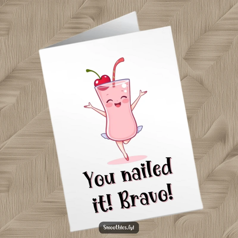Funny Free Printable Cherry Smoothie Card: A delighted, graceful smoothie striking a ballet pose for congratulations.