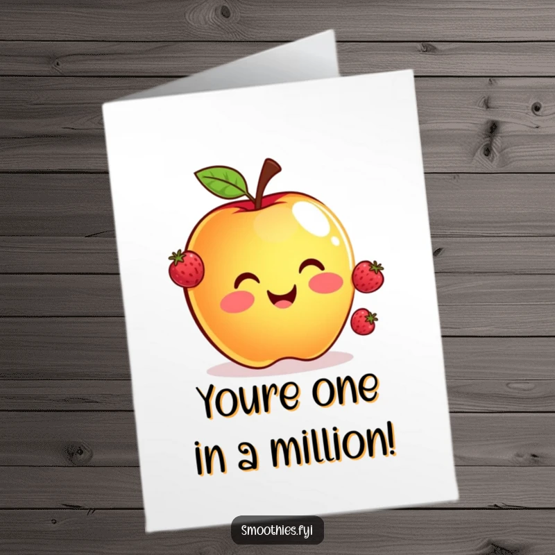 Funny Free Printable Congratulations Card showing a smiling apple juggling berries, perfect for celebrating achievements with humor.