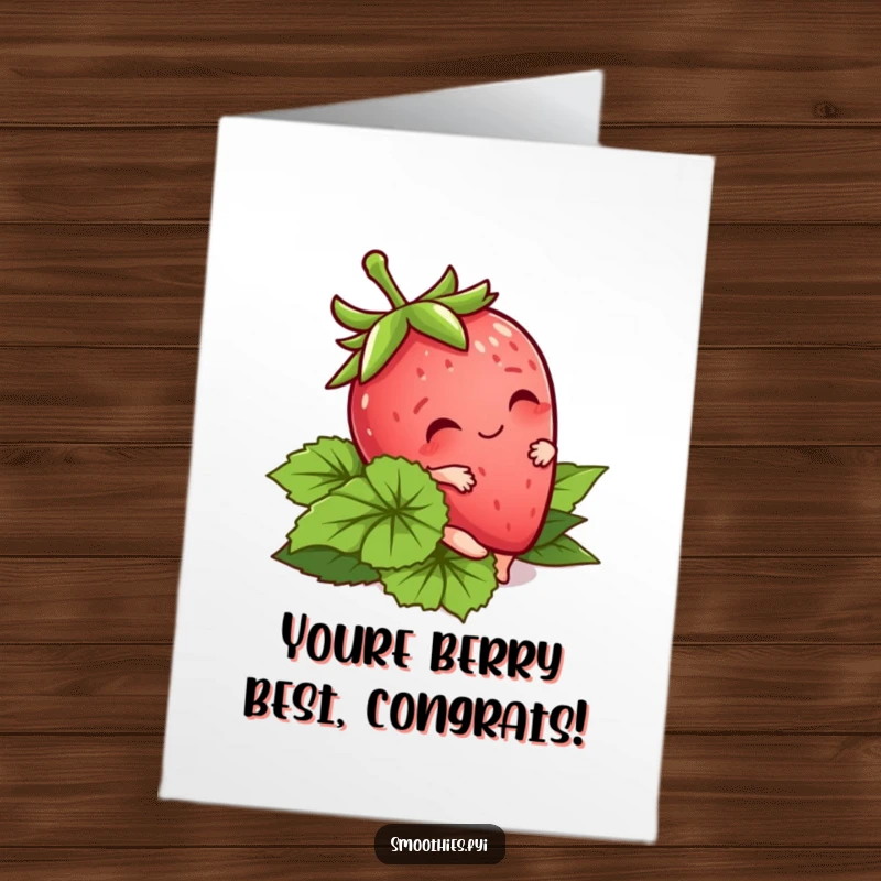 Funny Free Printable Congrats Card of a kawaii strawberry character playfully tumbling on its leaves, looking slightly embarrassed but cute.