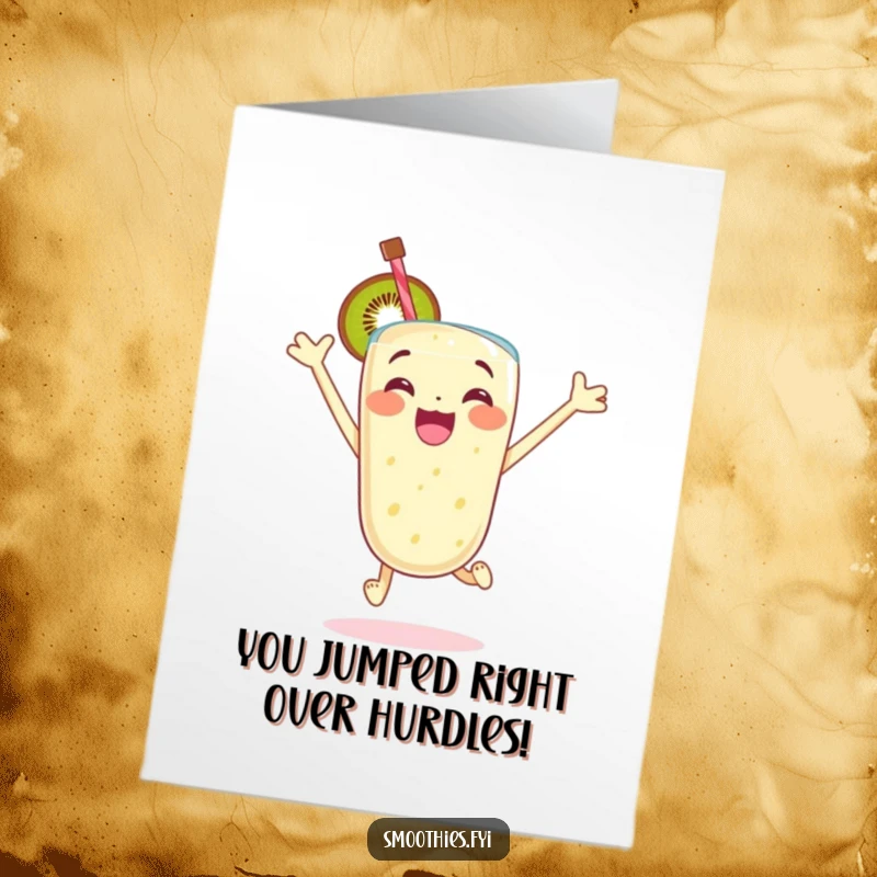 Funny Free Printable Congratulations Card: An excited kiwi smoothie jumps with glee, celebrating a success.