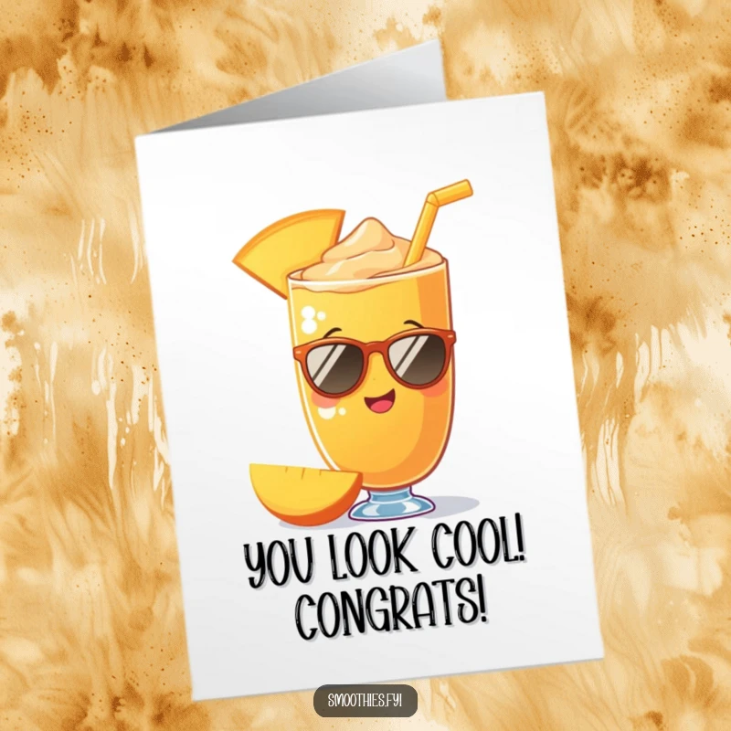 Funny Free Printable Congrats Card: A mango smoothie wears tiny sunglasses, radiating cool confidence in success.
