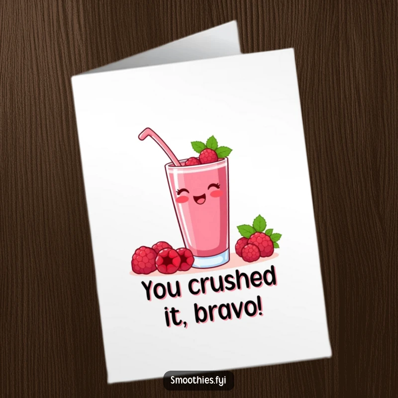Funny Free Printable Congrats Card: A happy raspberry smoothie raising a glass in satisfaction, perfect for a downloadable congratulations gift.