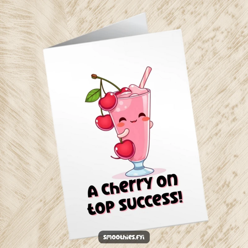 Funny Free Printable Congratulations Card: A blushing cherry character pours itself into a glass with pride.