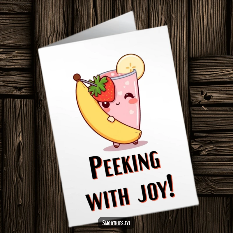 Funny Free Printable Congrats Card: A strawberry smoothie shyly peeks from behind a banana slice, celebrating softly.