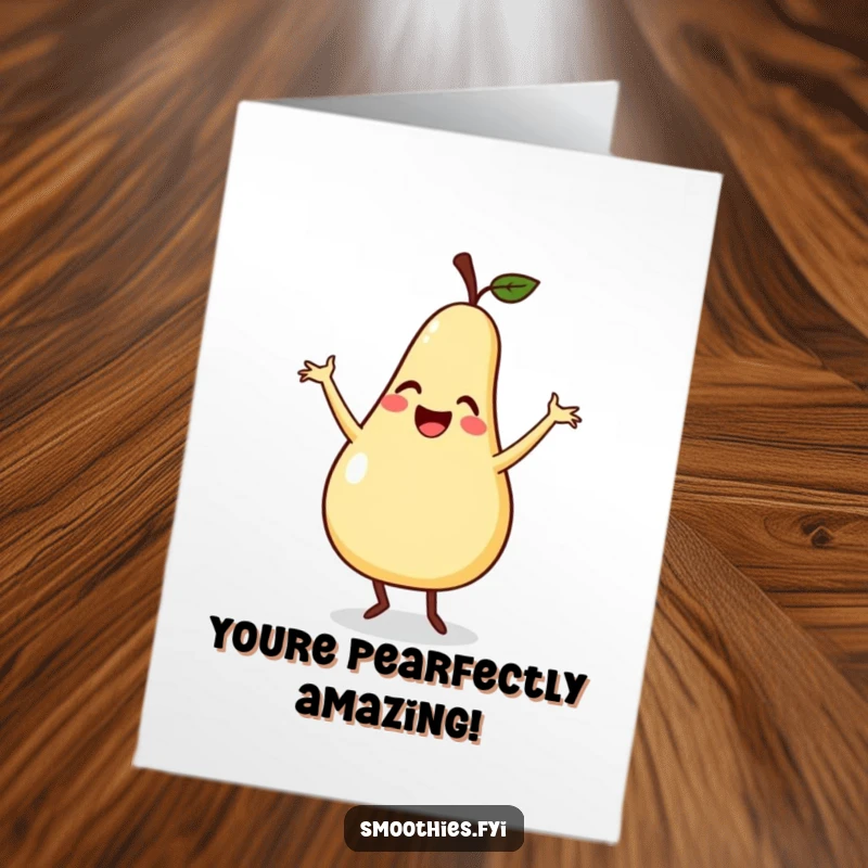 Funny Free Printable Congratulations Card: a smiling pear dances playfully, flailing arms, a humorous way to acknowledge success.