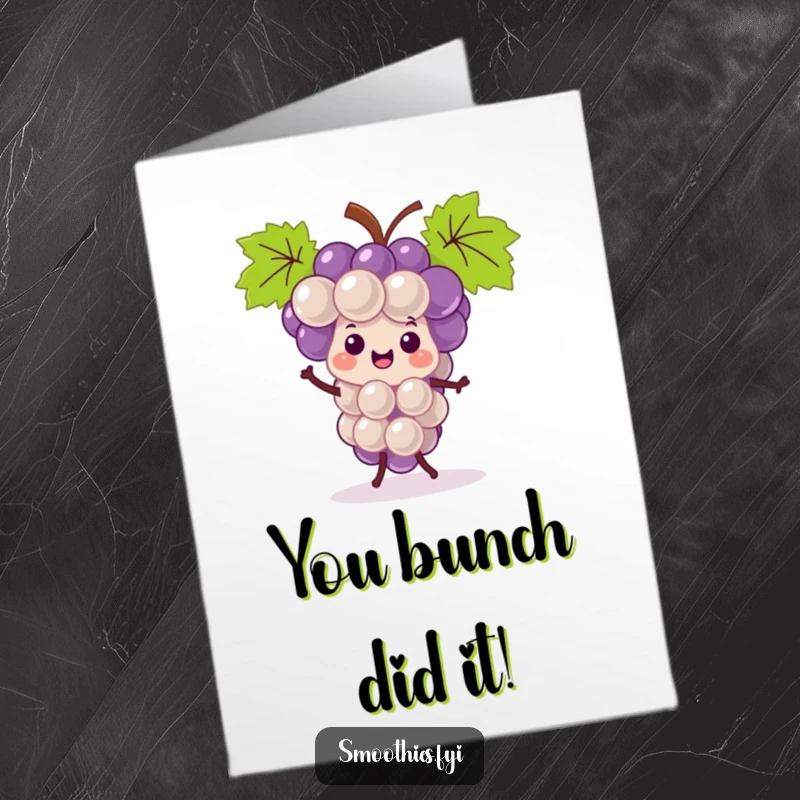 Funny free printable congratulations card showing a kawaii grape bunch doing a happy jig, perfect for celebrating achievements.