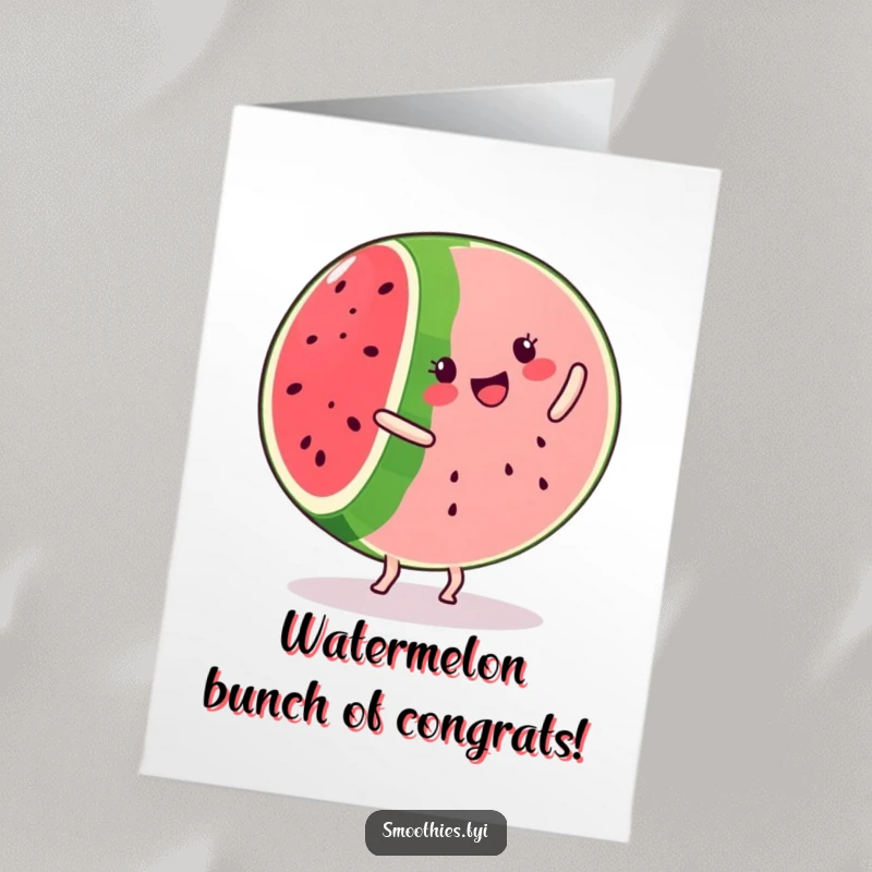Funny free printable congratulations card depicting a kawaii watermelon slice doing an energetic cartwheel to celebrate success.