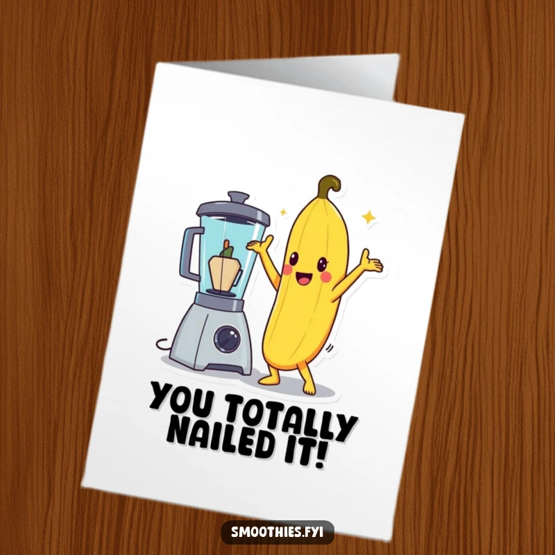 Funny Free Printable Congrats Card: Disco banana striking a pose, celebrating success, next to a blender.