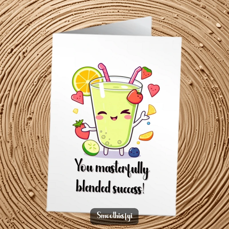 Free Printable Congratulations Card: Kawaii smoothie character winking while juggling fruit, celebrating success with style.