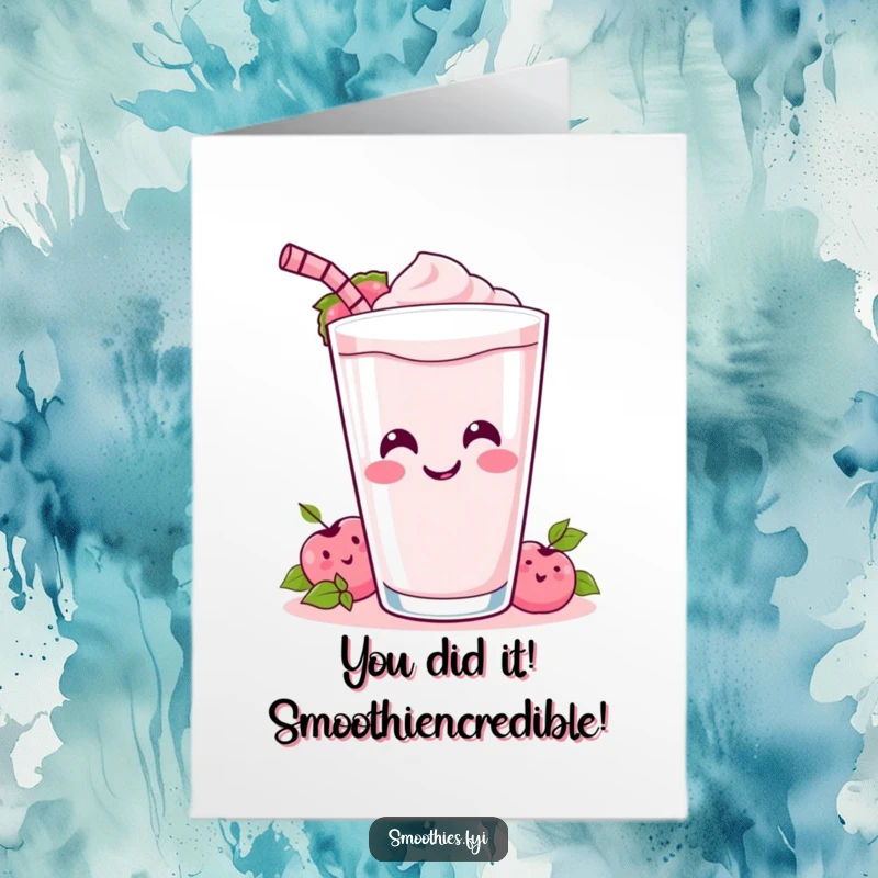 Funny Free Printable Congratulations Card: A happy Kawaii smoothie spills its drink, celebrating your achievement with a wide smile.