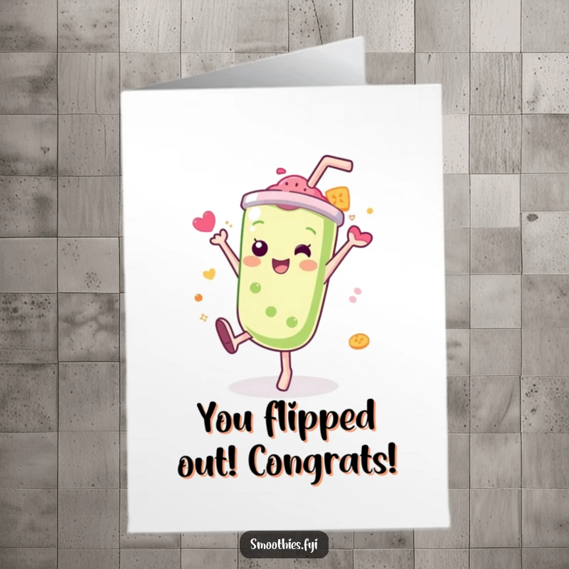 Funny Free Printable Congratulations Card: A Kawaii smoothie character cartwheels with a splash, celebrating wins.
