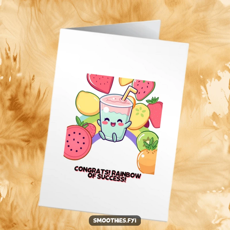 Funny Free Printable Congratulations Card: A giggling Kawaii smoothie slides down a rainbow of fruit, celebrating their fantastic success.