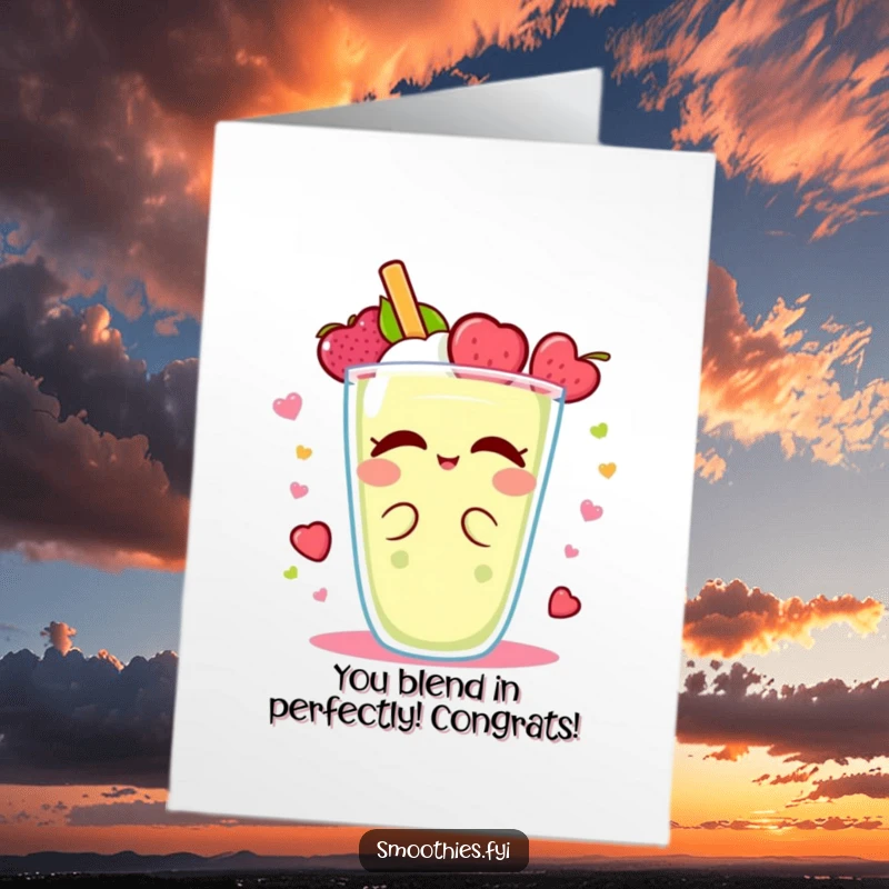Funny Free Printable Congratulations Card: A cheerful Kawaii smoothie character spins with delight, celebrating achievements.
