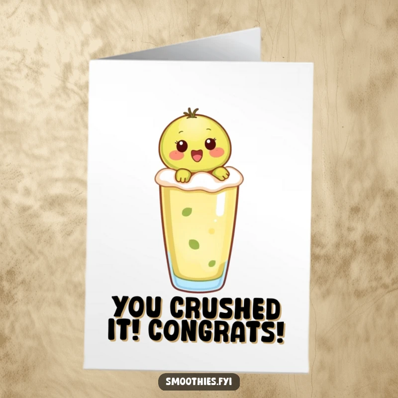 Funny Free Printable Congratulations Card: Cheerful kiwi character surfs a smoothie wave in celebration.