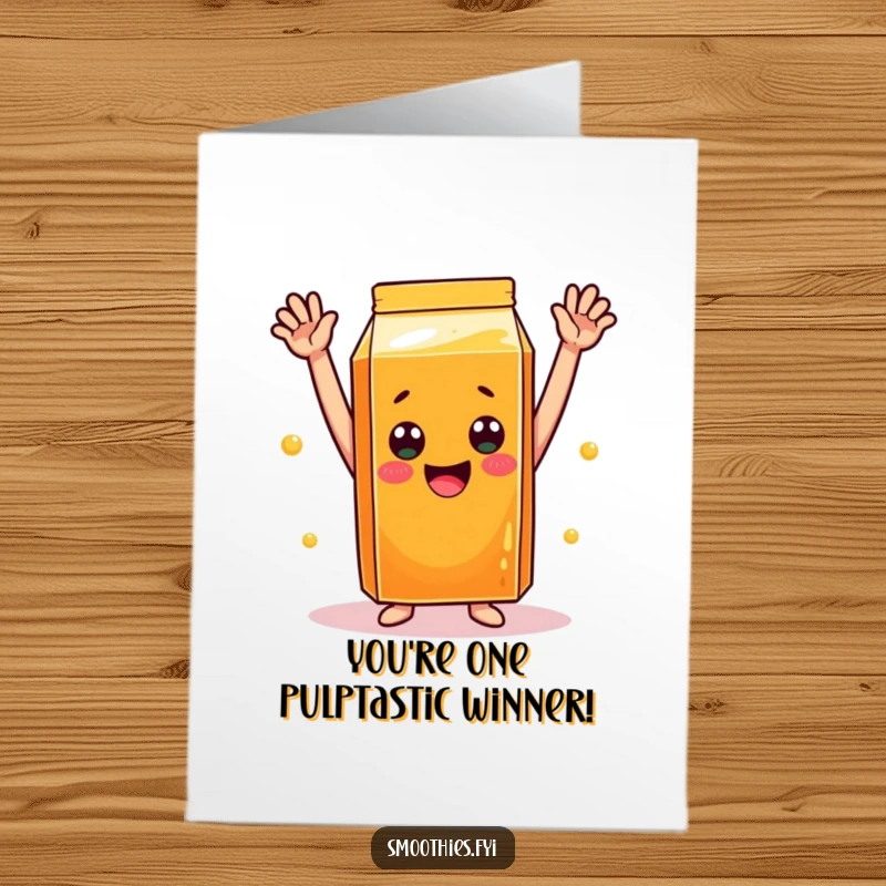 Funny Free Printable Congratulations Card with a cheerful orange juice carton raising arms in celebration.