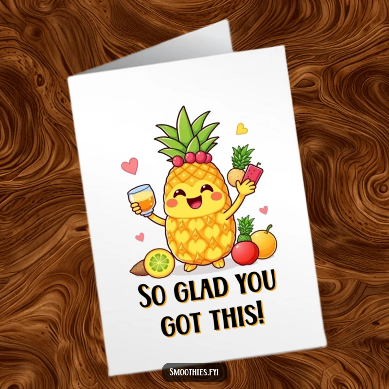 Funny Free Printable Congrats Card: Jolly pineapple blending fruits with a smile, celebrating an achievement.