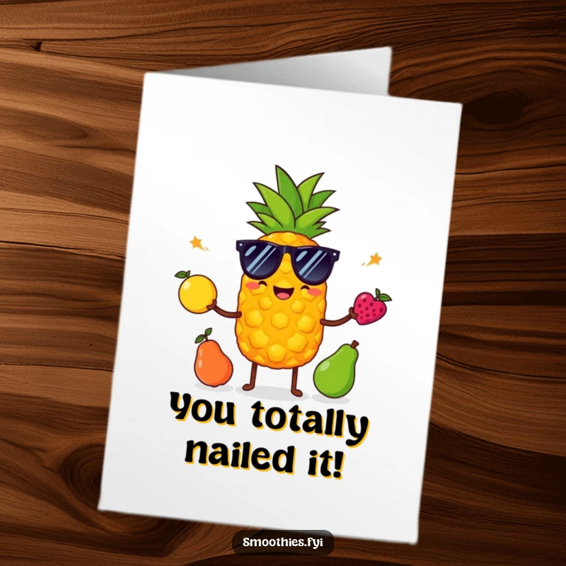 Funny Free Printable Congratulations Card showing a cool pineapple juggling, ideal for any joyous achievement.