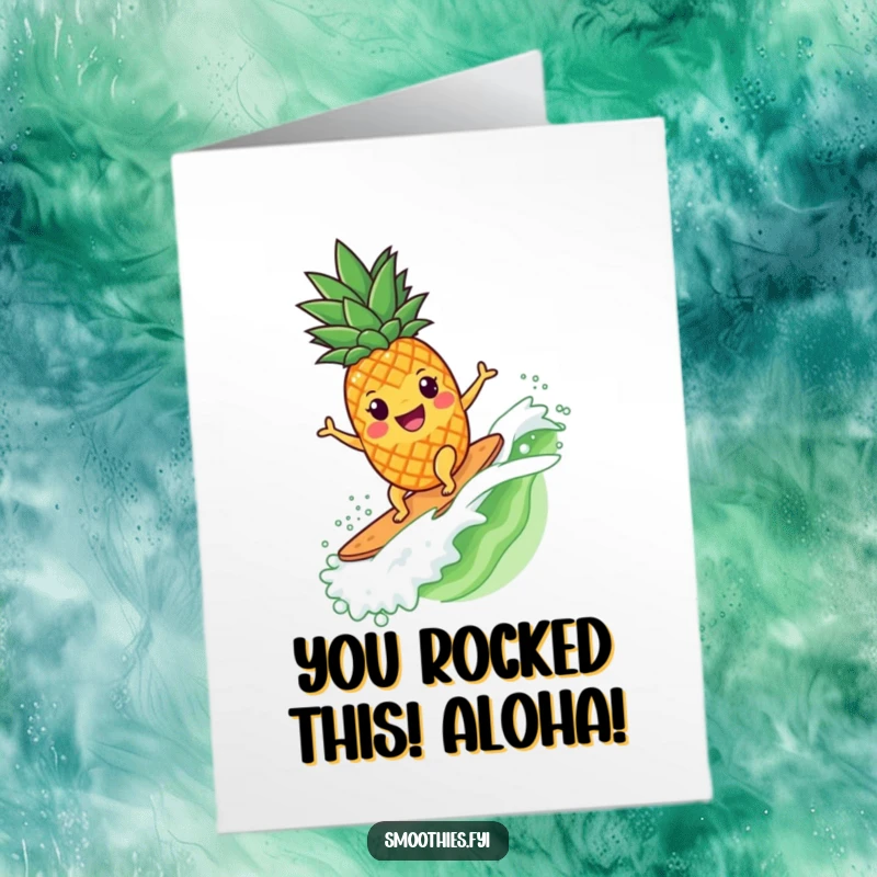 Funny Free Printable Congratulations Card: Joyful pineapple surfs a smoothie wave with a big smile.