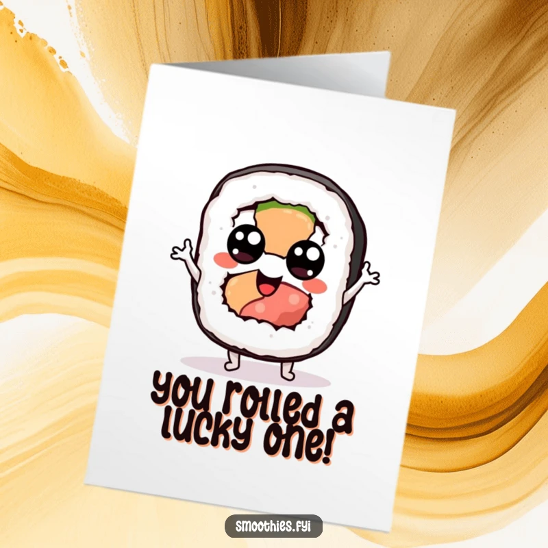 Funny Free Printable Congratulations Card with a sushi roll with googly eyes doing a silly jig.