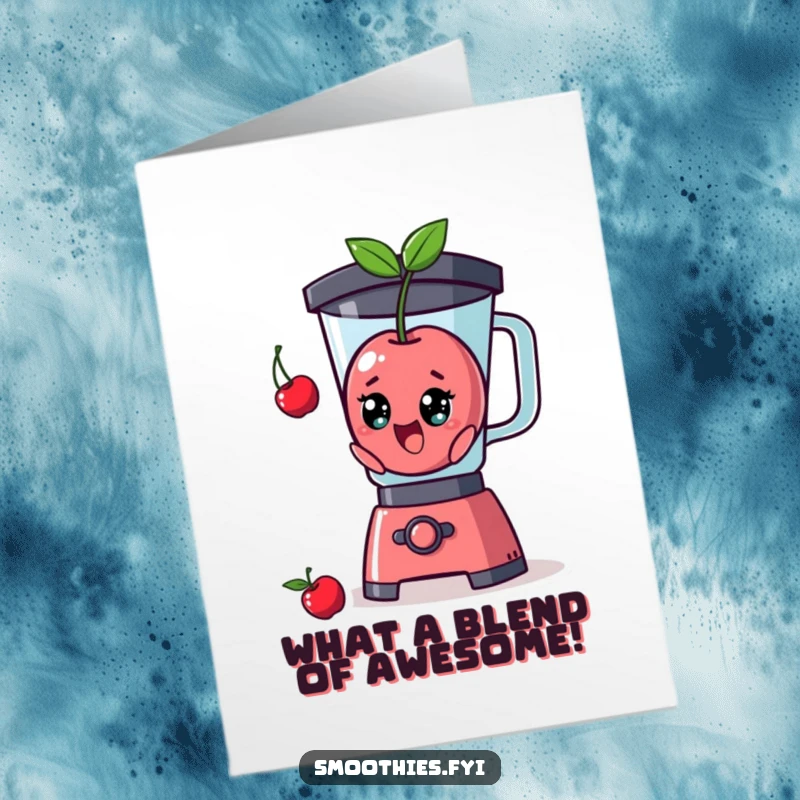 Funny Free Printable Congratulations Card: A startled cherry character ejects from a blender, embodying surprise.