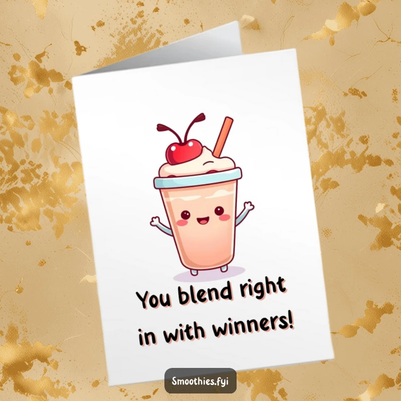 Funny Free Printable Congrats Card showing a happy kawaii smoothie cup bouncing a cherry on its lid, celebrating a success.