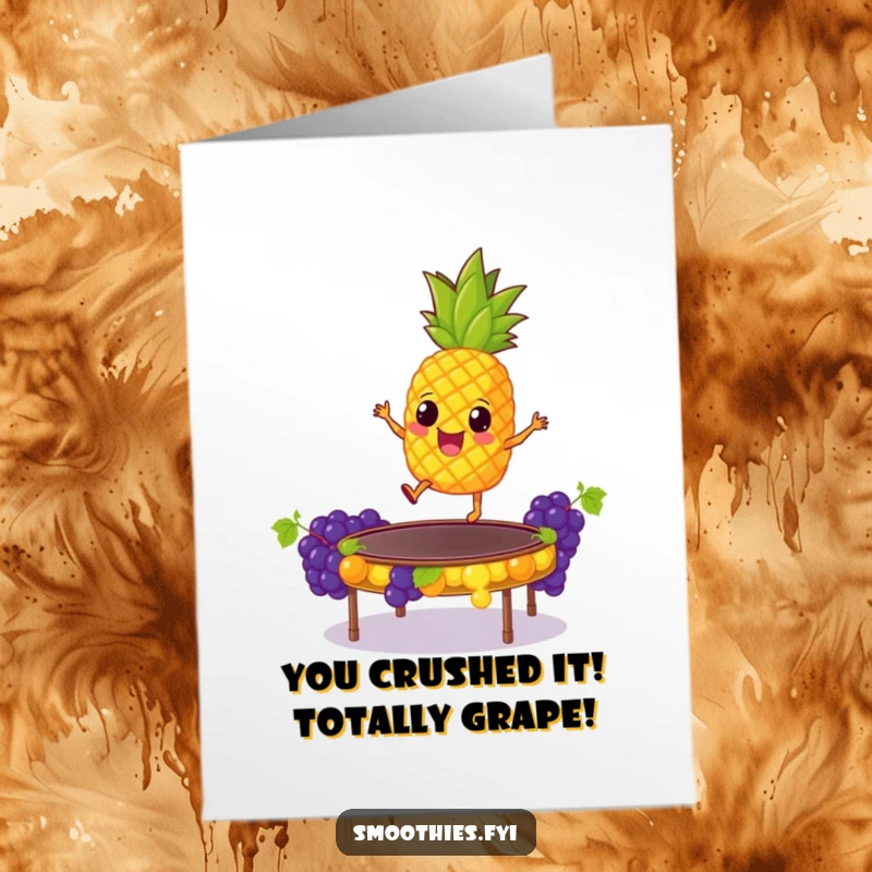 Funny Free Printable Congratulations Card: Excited pineapple performing epic trampoline trick on grapes, celebrating success.