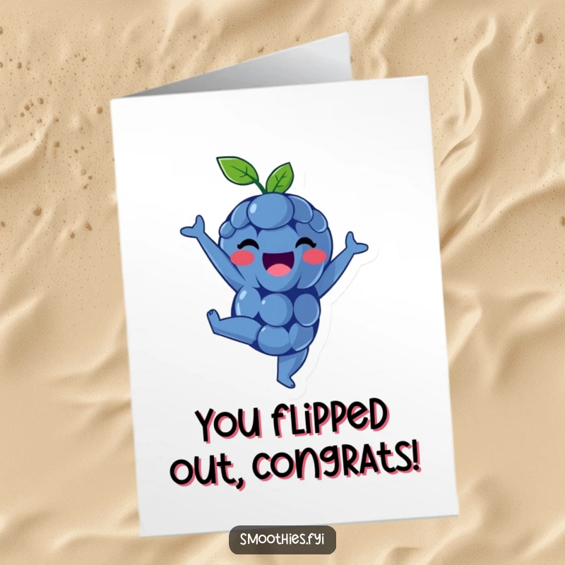 Funny Free Printable Congratulations Card: An excited blueberry proudly holds a handstand, celebrating achievement.