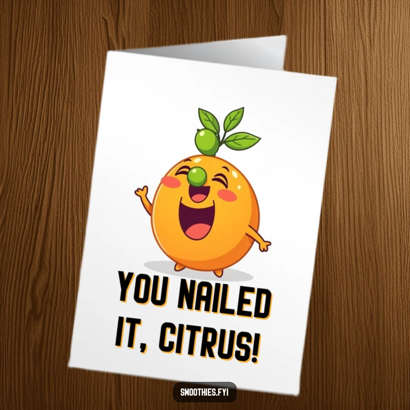 Funny Free Printable Congrats Card: An excited orange balancing a lime on its nose, a humorous symbol of achievement