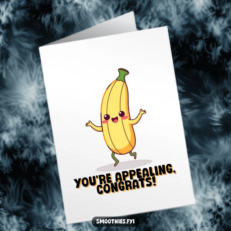 Funny Free Printable Congrats Card showing a kawaii banana peel character performing a hilarious dance with exaggerated wobbly legs.