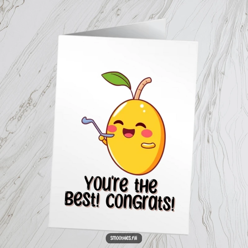 Funny Free Printable Congratulations Card: A laughing mango character joyfully shares a smoothie.