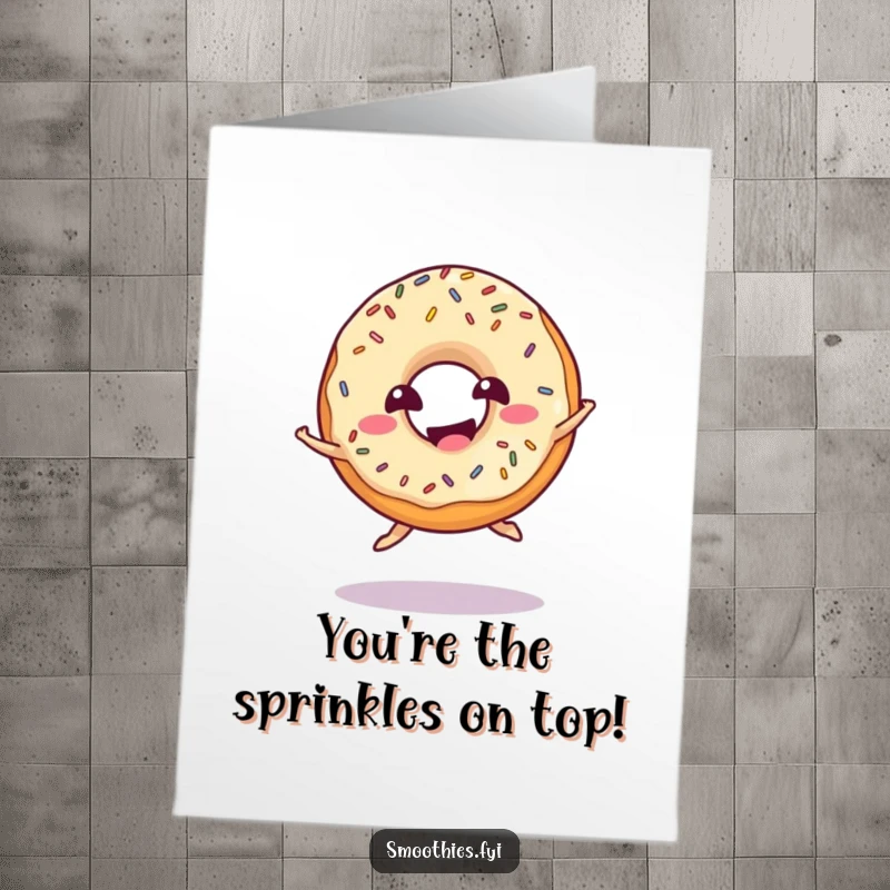 Funny Free Printable Congratulations Card with a giggling donut with sprinkles doing a playful jump.