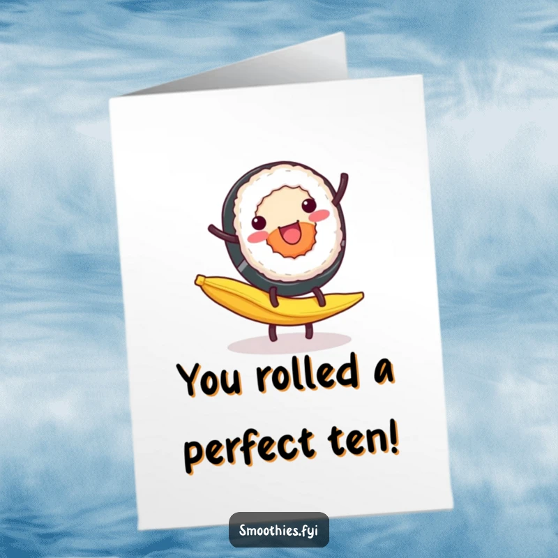 Funny Free Printable Congratulations Card: Sushi roll doing a cartwheel on a banana peel, celebrating achievements with humor, DIY gift.