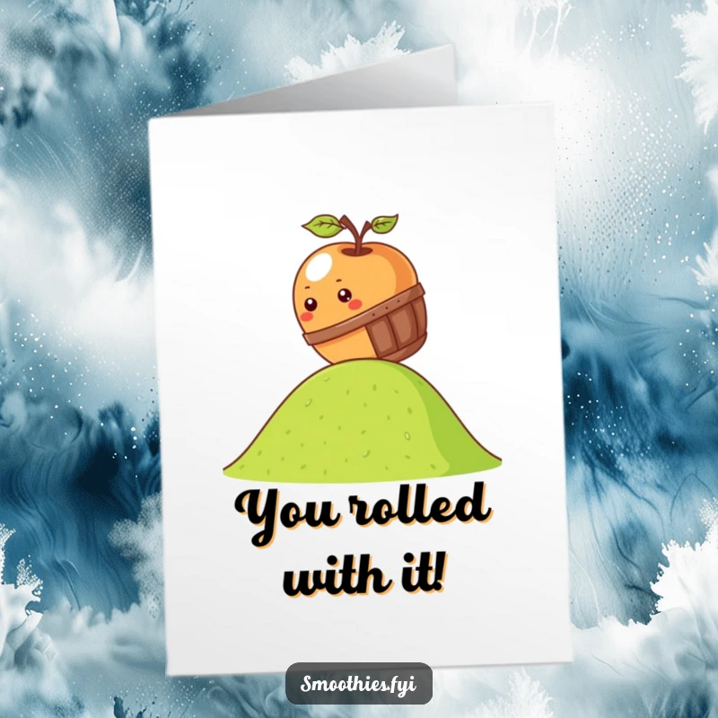 Funny Free Printable Congratulations Card: Kawaii apple rolling down a hill inside a barrel, celebrating.