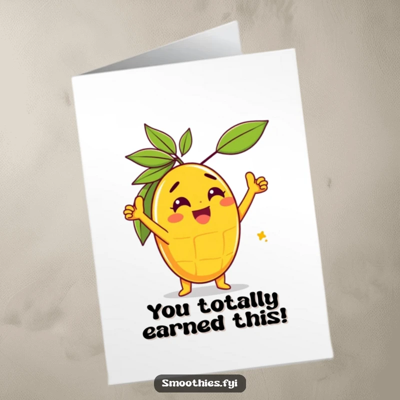 Funny Free Printable Congratulations Card showcasing a gleeful mango character in a triumphant, celebratory pose.