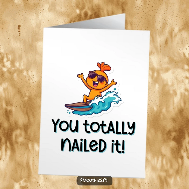 Funny Free Printable Congratulations Card: A joyful orange character in sunglasses surfs a wave, exuding cool confidence.