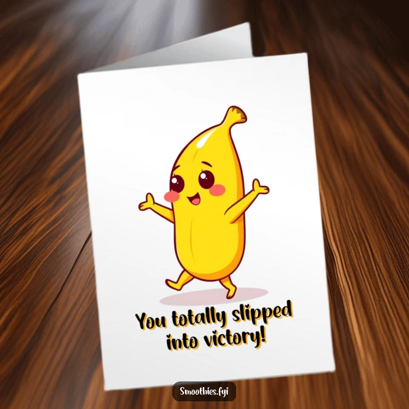 Funny Free Printable Congratulations Card: A bright yellow banana character performs a playful dance, celebrating achievements with fun.