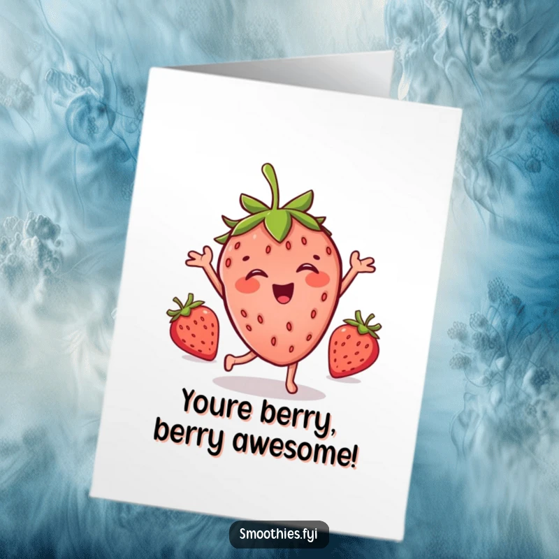 Funny Free Printable Congrats Card: A joyful strawberry mid-silly dance, perfect for celebrating any achievement