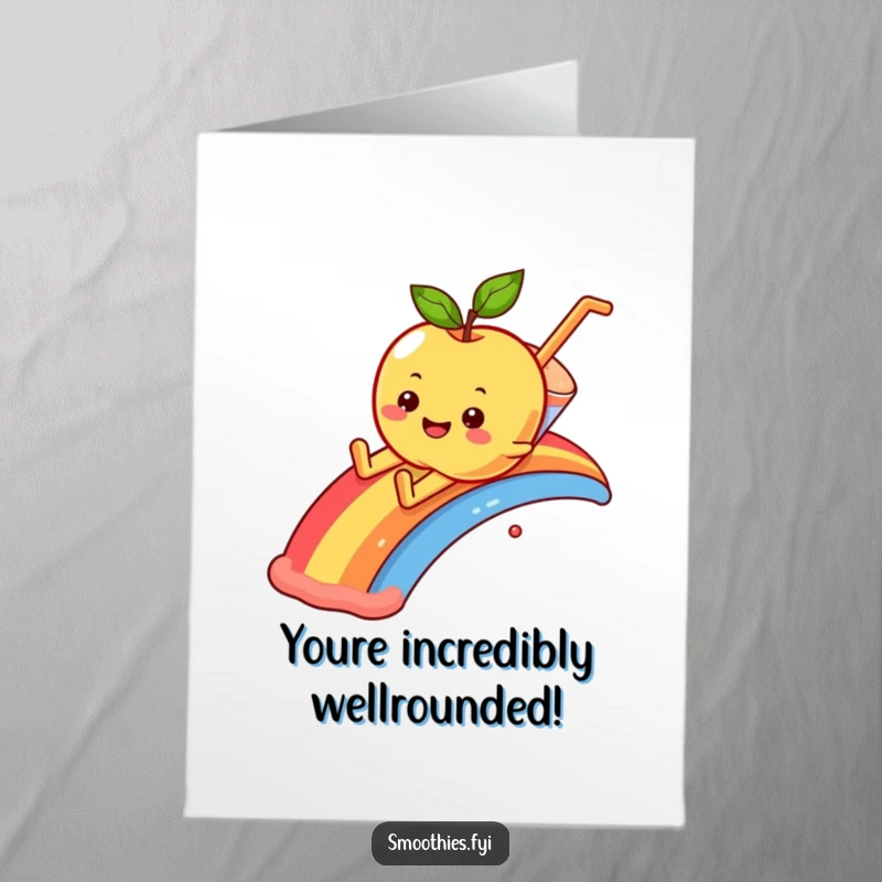 Funny Free Printable Congrats Card: Apple sliding down a rainbow into a smoothie, celebrating achievement.