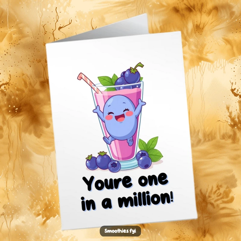 Funny Free Printable Congrats Card: Blueberry leaping joyfully into a smoothie glass, celebrating success.