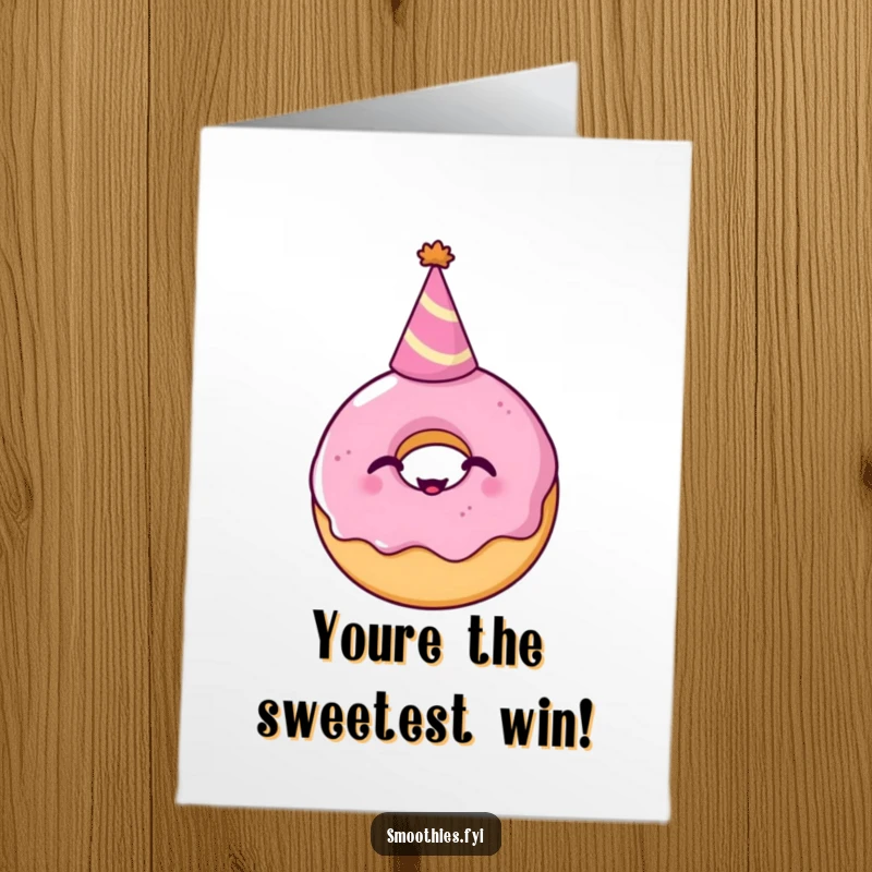 Funny Free Printable Congratulations Card: Giggling donut in a party hat celebrating a big win with sweetness.