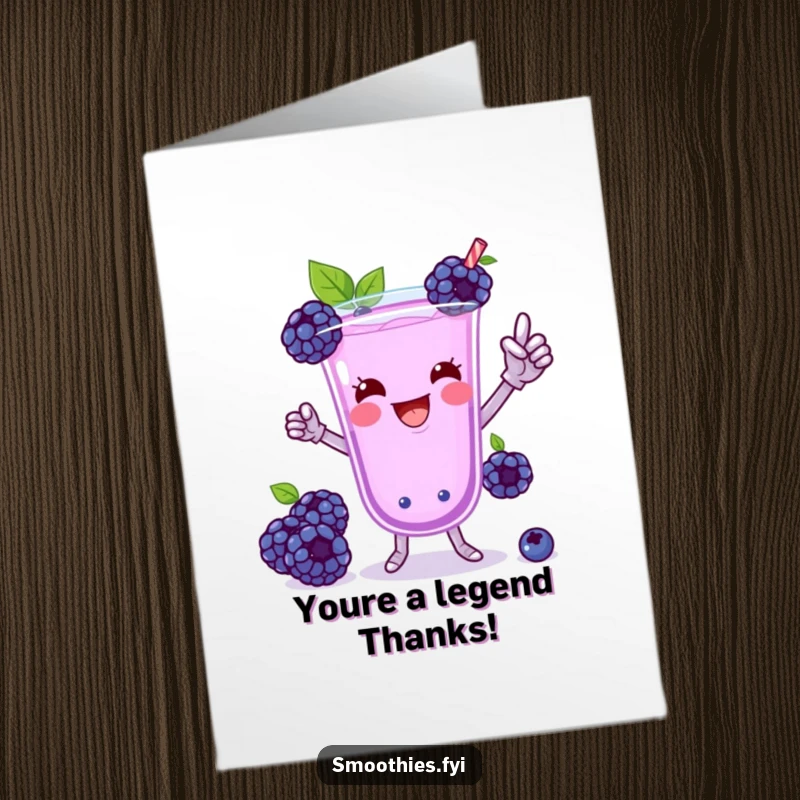 Funny Free Printable Blueberry Smoothie Card: A playful smoothie doing a silly, energetic victory dance to say thank you.
