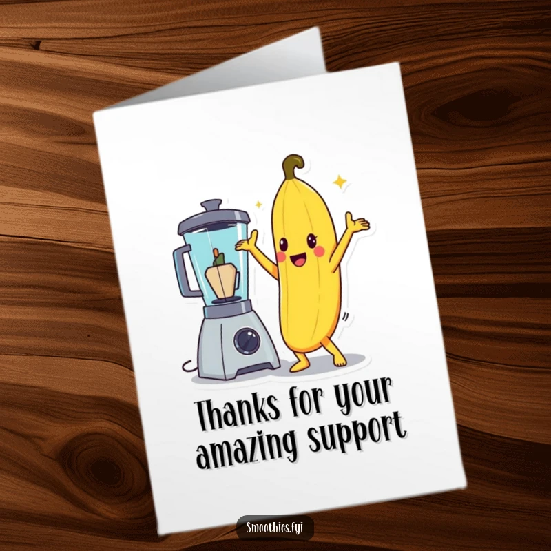 Funny Free Printable Thank You Card: Banana disco dancing, expressing thanks, next to a blender.