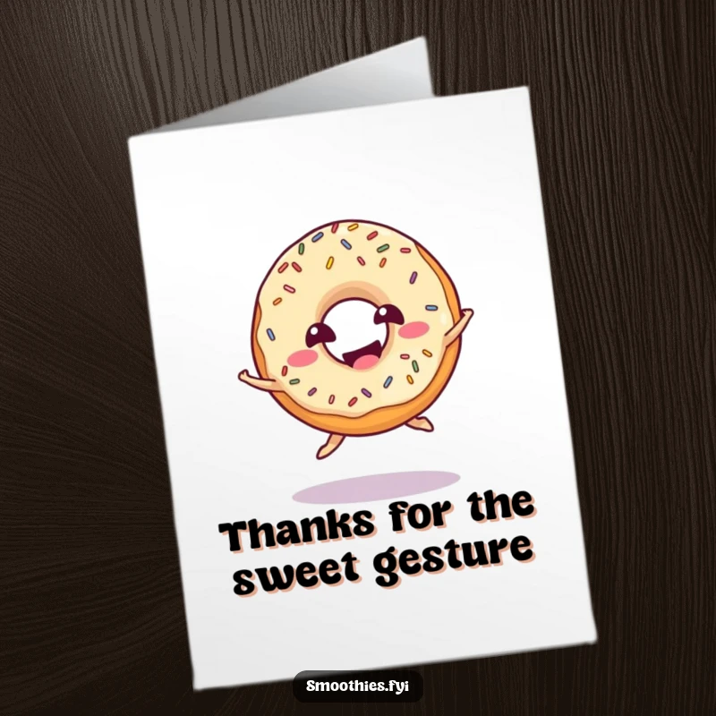 Funny Free Printable Thank You Card featuring a giggling donut with sprinkles doing a playful jump.