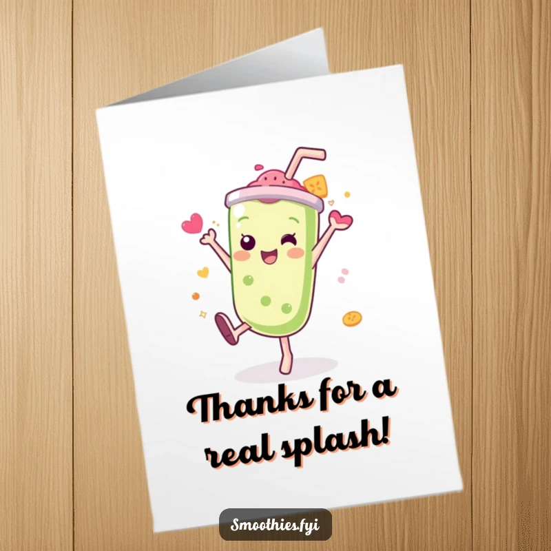 Funny Free Printable Thank You Card: Adorable Kawaii smoothie character does a cartwheel, sending thanks with flavor.