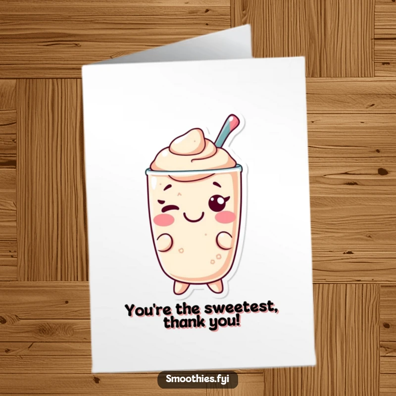 Funny Free Printable Thank You Card: A happy Kawaii smoothie character winks, conveying appreciation with humor.